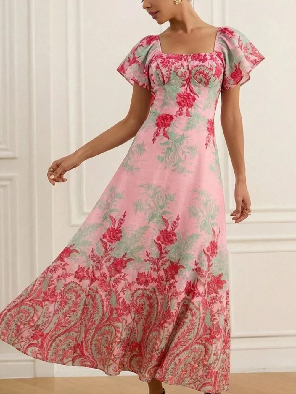 Pink Elegant Women's Floral Print maxi Dress - Picture 5 of 6
